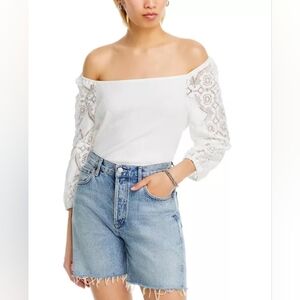 Single Thread Bright White Off-Shoulder Knit Gauze Top with Lace Sleeves Med New